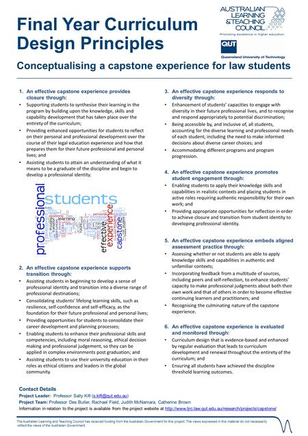 Final Year Curriculum Design Principles Conceptualising a capstone experience for law students The Australian Learning and Teaching Council has received.