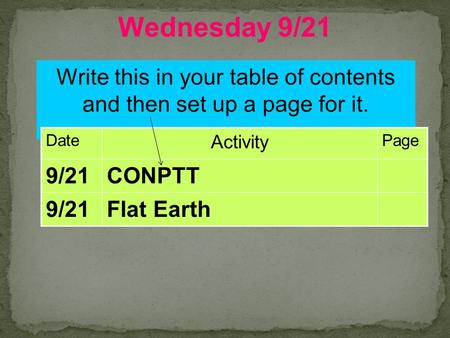 Wednesday 9/21 Date Activity Page 9/21CONPTT 9/21Flat Earth.