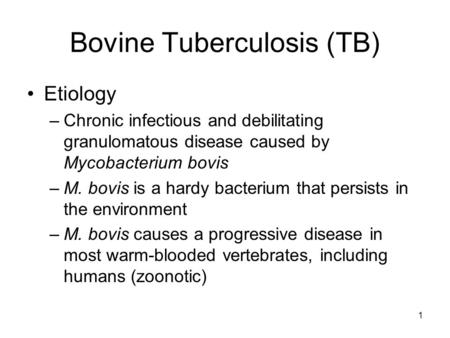 1 Bovine Tuberculosis (TB) Etiology –Chronic infectious and debilitating granulomatous disease caused by Mycobacterium bovis –M. bovis is a hardy bacterium.