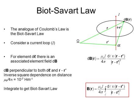 Biot-Savart Law The analogue of Coulomb’s Law is the Biot-Savart Law Consider a current loop ( I ) For element dℓ there is an associated element field.