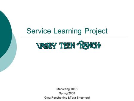 Marketing 100S Spring 2008 Gina Pecchenino &Tara Shepherd Service Learning Project.