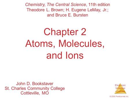 Electronic Structure of Atoms © 2009, Prentice-Hall, Inc. Chapter 2 Atoms, Molecules, and Ions John D. Bookstaver St. Charles Community College Cottleville,