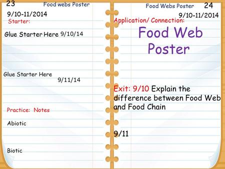 Starter: 9/10-11/2014 23 24 Application/ Connection: Food Web Poster Exit: 9/10 Explain the difference between Food Web and Food Chain 9/11 Food Webs Poster.