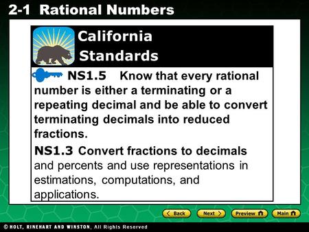 Evaluating Algebraic Expressions 2-1Rational Numbers California Standards NS1.5 Know that every rational number is either a terminating or a repeating.