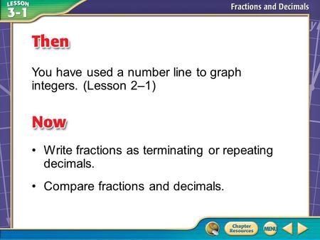 Then/Now You have used a number line to graph integers. (Lesson 2–1) Write fractions as terminating or repeating decimals. Compare fractions and decimals.