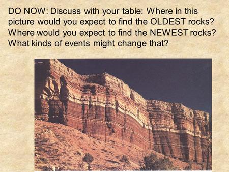 DO NOW: Discuss with your table: Where in this picture would you expect to find the OLDEST rocks? Where would you expect to find the NEWEST rocks? What.