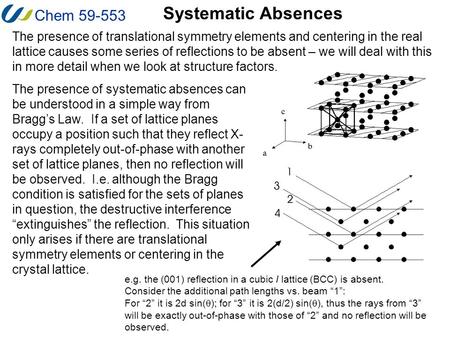 Chem 59-553 Systematic Absences The presence of translational symmetry elements and centering in the real lattice causes some series of reflections to.