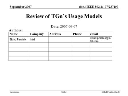 Doc.: IEEE 802.11-07/2371r0 Submission September 2007 Eldad Perahia (Intel)Slide 1 Review of TGn’s Usage Models Date: 2007-09-07 Authors: