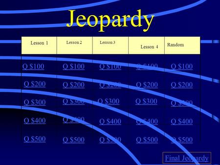Jeopardy Lesson 1 Lesson 2Lesson 3 Lesson 4 Random Q $100 Q $200 Q $300 Q $400 Q $500 Q $100 Q $200 Q $300 Q $400 Q $500 Final Jeopardy.