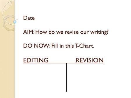 Date AIM: How do we revise our writing? DO NOW: Fill in this T-Chart. EDITINGREVISION.