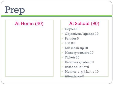 Prep At School (90)  Copies 10  Objectives / agenda 10  Pennies 5  100.B 5  Lab clean-up 10  Mastery trackers 10  Tickets 10  Enter test grades.
