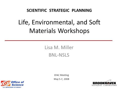 EFAC Meeting May 5-7, 2008 SCIENTIFIC STRATEGIC PLANNING Life, Environmental, and Soft Materials Workshops Lisa M. Miller BNL-NSLS.