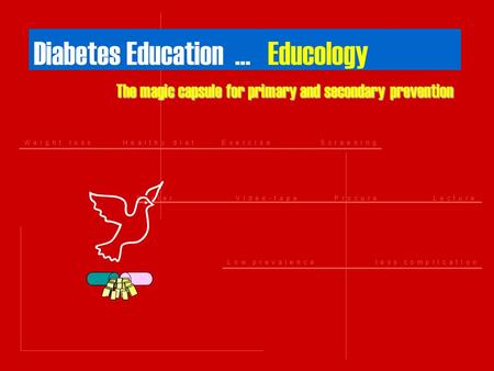 Diabetes Education … Educology The magic capsule for primary and secondary prevention W e I g h t l o s sH e a l t h y d I e tE x e r c I s eS c r e e.