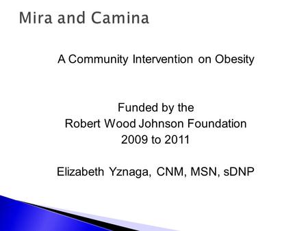 A Community Intervention on Obesity Funded by the Robert Wood Johnson Foundation 2009 to 2011 Elizabeth Yznaga, CNM, MSN, sDNP.