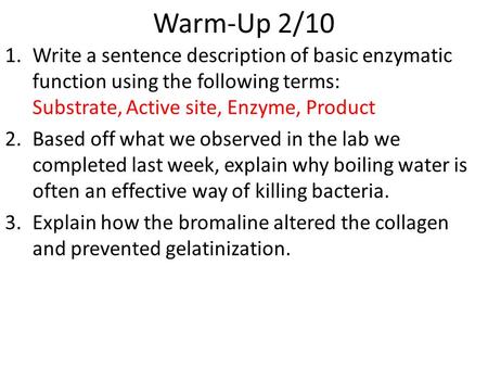 Warm-Up 2/10 1.Write a sentence description of basic enzymatic function using the following terms: Substrate, Active site, Enzyme, Product 2.Based off.