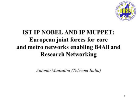 1 IST IP NOBEL AND IP MUPPET: European joint forces for core and metro networks enabling B4All and Research Networking Antonio Manzalini (Telecom Italia)