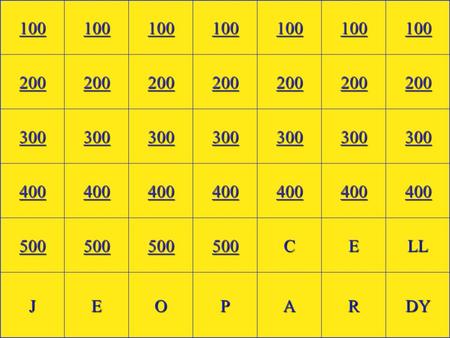 100 200 300 400 500 CELL JEOPARDY. Name of an organelle that is found in a plant cell but not in an animal (100’s)