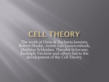 Cell Theory The work of Hans & Zacharia Janssen, Robert Hooke, Anton van Leeuwenhoek, Matthias Schleiden, Theodor Schwann, Rudolph Virchow and others led.