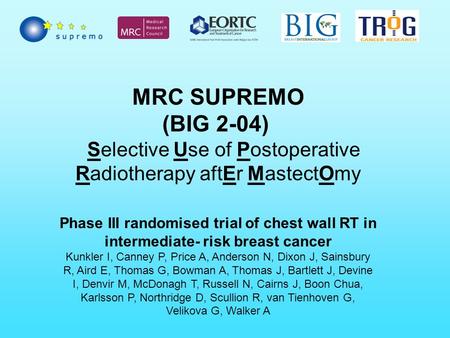 MRC SUPREMO (BIG 2-04)    Selective Use of Postoperative Radiotherapy aftEr MastectOmy Phase III randomised trial of chest wall RT in intermediate- risk.