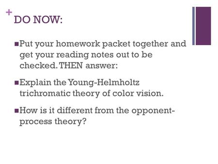 DO NOW: Put your homework packet together and get your reading notes out to be checked. THEN answer: Explain the Young-Helmholtz trichromatic theory.