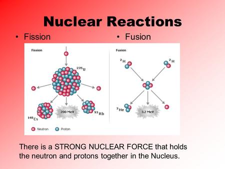 Nuclear Reactions FissionFusion There is a STRONG NUCLEAR FORCE that holds the neutron and protons together in the Nucleus.