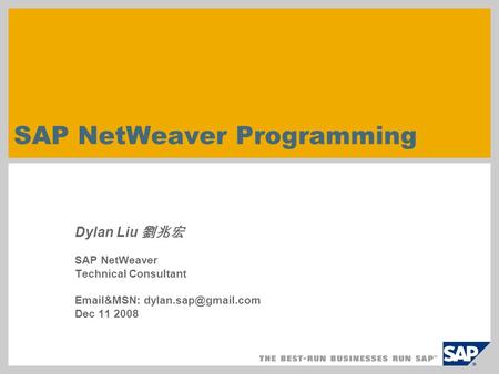 SAP NetWeaver Programming Dylan Liu 劉兆宏 SAP NetWeaver Technical Consultant  &MSN: Dec 11 2008.