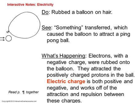 Copyright © 2012 InteractiveScienceLessons.com Do: Rubbed a balloon on hair. See: “Something” transferred, which caused the balloon to attract a ping pong.