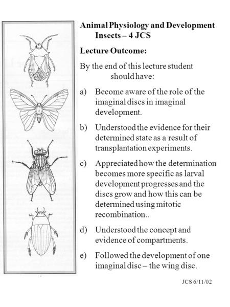 Animal Physiology and Development Insects – 4 JCS Lecture Outcome: By the end of this lecture student should have: a)Become aware of the role of the imaginal.
