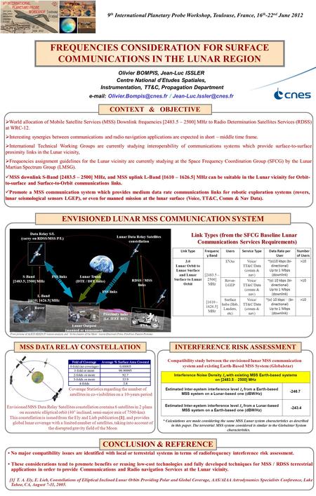 FREQUENCIES CONSIDERATION FOR SURFACE COMMUNICATIONS IN THE LUNAR REGION Olivier BOMPIS, Jean-Luc ISSLER Centre National d’Etudes Spatiales, Instrumentation,
