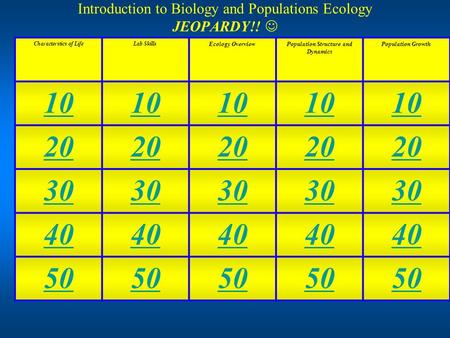 Introduction to Biology and Populations Ecology JEOPARDY!! Characterstics of LifeLab Skills Ecology OverviewPopulation Structure and Dynamics Population.