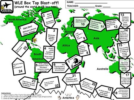 North America South America Europe Africa Asia Australia Antartica WLE Box Top Blast-off! (around the world in 25 box tops) NAME: __________________________.