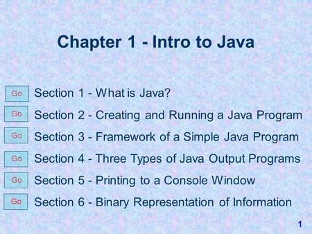 Go Chapter 1 - Intro to Java Section 1 - What is Java? Section 2 - Creating and Running a Java Program Section 3 - Framework of a Simple Java Program.