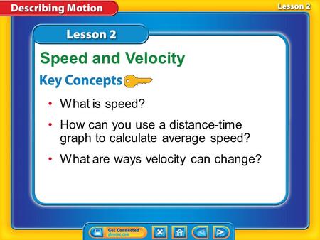 Lesson 2 Reading Guide - KC What is speed? How can you use a distance-time graph to calculate average speed? What are ways velocity can change? Speed.