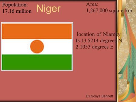 Niger Population: 17.16 million Area: 1,267,000 square km location of Niamey Is 13.5214 degrees N, 2.1053 degrees E By Sonya Bennett.