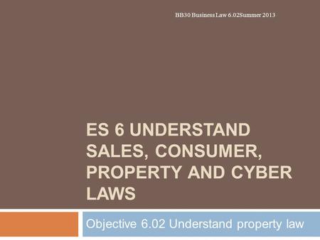 ES 6 UNDERSTAND SALES, CONSUMER, PROPERTY AND CYBER LAWS Objective 6.02 Understand property law BB30 Business Law 6.02Summer 2013.
