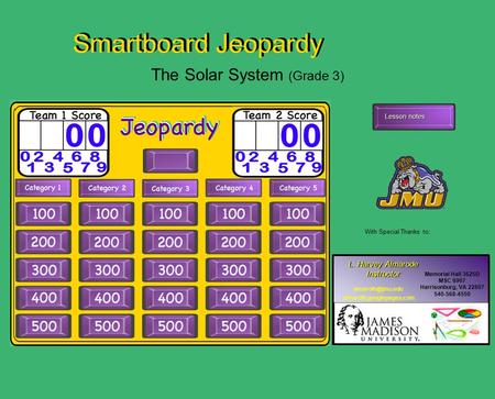 Lesson notes Smartboard Jeopardy L. Harvey Almarode Instructor L. Harvey Almarode Instructor Memorial Hall 3625D MSC 6907 Harrisonburg, VA 22807 540-568-4550.
