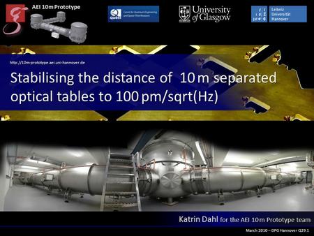 Katrin Dahl for the AEI 10 m Prototype team March 2010 – DPG Hannover Q29.1  Stabilising the distance of 10 m separated.