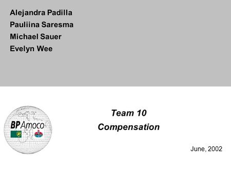 Team 10 Compensation June, 2002 Alejandra Padilla Pauliina Saresma Michael Sauer Evelyn Wee.
