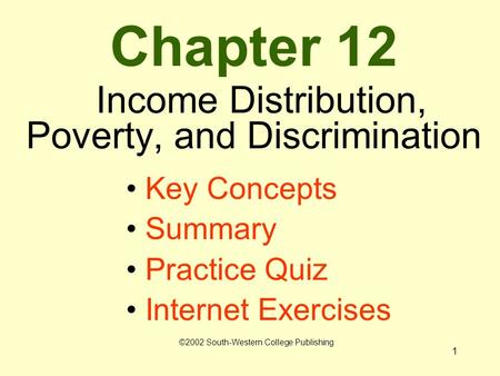 1 Chapter 12 Income Distribution, Poverty, and Discrimination Key Concepts Summary Practice Quiz Internet Exercises ©2002 South-Western College Publishing.