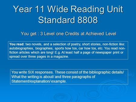Year 11 Wide Reading Unit Standard 8808 You get : 3 Level one Credits at Achieved Level You read: two novels, and a selection of poetry, short stories,