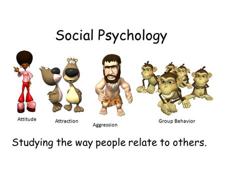 Social Psychology Studying the way people relate to others. Attitude Attraction Aggression Group Behavior.