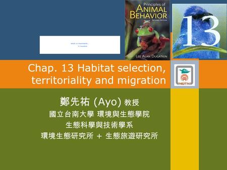 Chap. 13 Habitat selection, territoriality and migration 鄭先祐 (Ayo) 教授 國立台南大學 環境與生態學院 生態科學與技術學系 環境生態研究所 + 生態旅遊研究所.