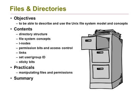 Files & Directories Objectives –to be able to describe and use the Unix file system model and concepts Contents –directory structure –file system concepts.