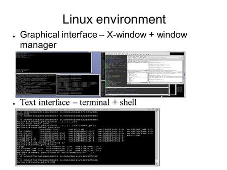 Linux environment ● Graphical interface – X-window + window manager ● Text interface – terminal + shell.