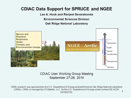 1 CDIAC Data Support for SPRUCE and NGEE Les A. Hook and Ranjeet Devarakonda Environmental Sciences Division Oak Ridge National Laboratory CDIAC User Working.