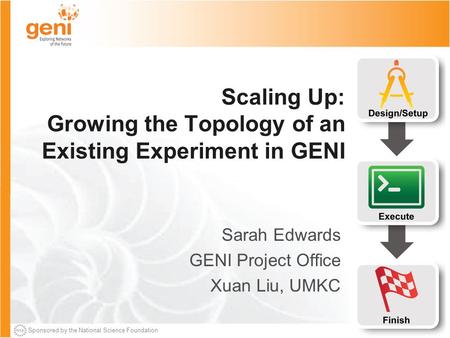 Sponsored by the National Science Foundation Scaling Up: Growing the Topology of an Existing Experiment in GENI Sarah Edwards GENI Project Office Xuan.