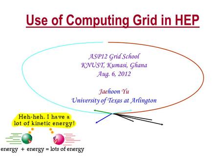 Use of Computing Grid in HEP ASP12 Grid School KNUST, Kumasi, Ghana Aug. 6, 2012 Jaehoon Yu University of Texas at Arlington.