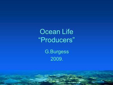Ocean Life “Producers” G.Burgess 2009.. Plankton Types: –Zooplankton –Phytoplankon Plankton,