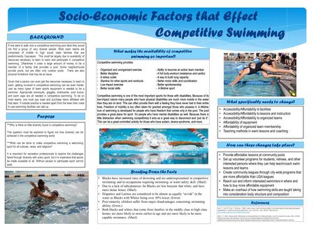 Socio-Economic Factors that Effect Competitive Swimming If one were to walk onto a competitive swimming pool deck they would not find a group of very diverse.