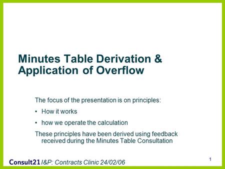I&P: Contracts Clinic 24/02/06 1 Minutes Table Derivation & Application of Overflow The focus of the presentation is on principles: How it works how we.